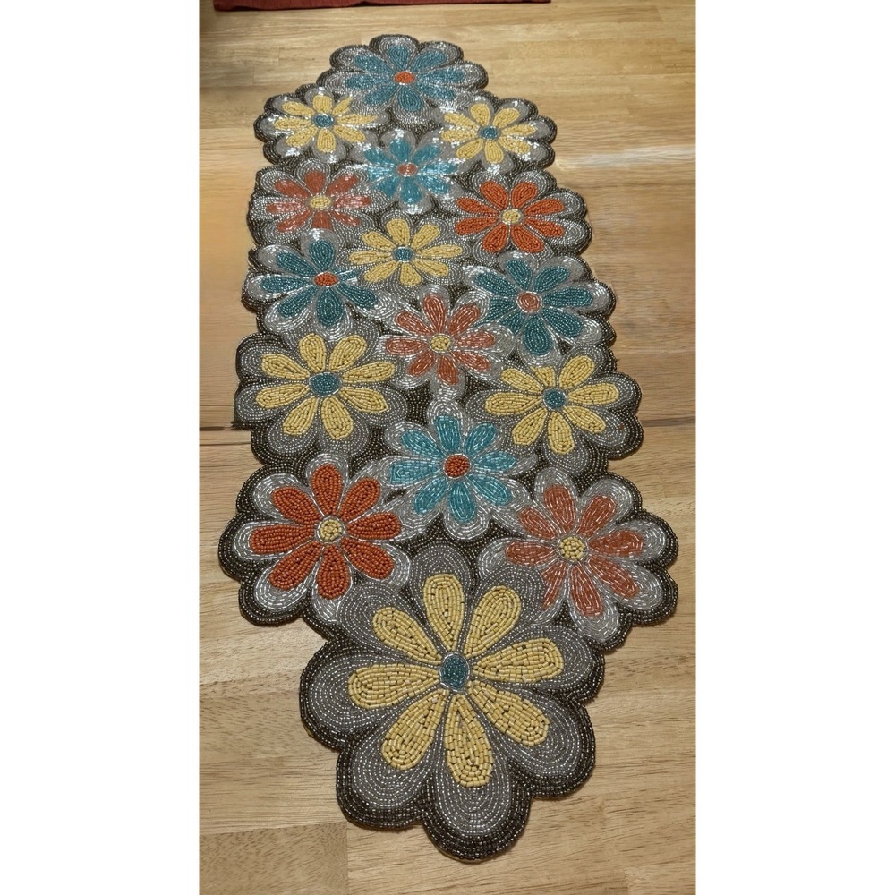 World Traveler‎ India Hand Beaded Table Runner 13x36 Floral Boho Retro